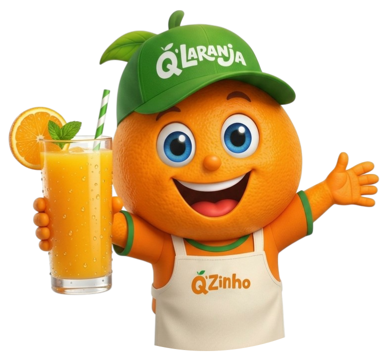 Q'Zinho - Mascote Q'Laranja segurando suco