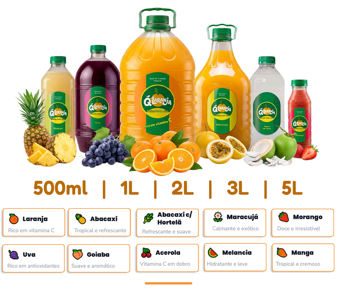 Linha completa Q'Laranja – 500ml, 1L, 2L, 3L e 5L